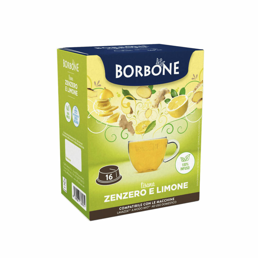 Caffè Borbone Getränkekapseln Kräutertee Ingwer und Zitrone, kompatibel mit Lavazza A Modo Mio, 16 Kapseln