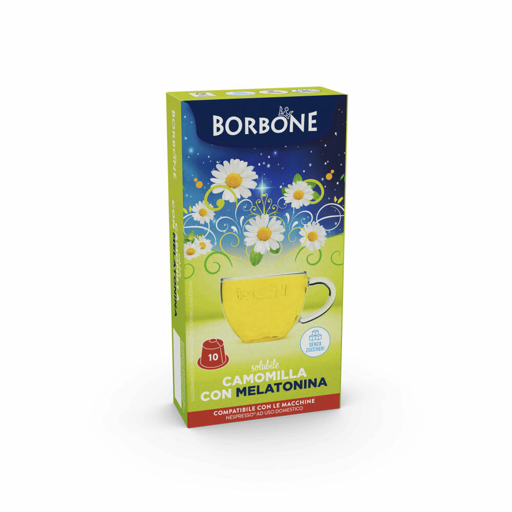 Caffè Borbone Getränkekapseln Kamille mit Melatonin, Nahrungsergänzungsmittel, kompatibel mit Nespresso-Kapselsystem, 10 Kapseln