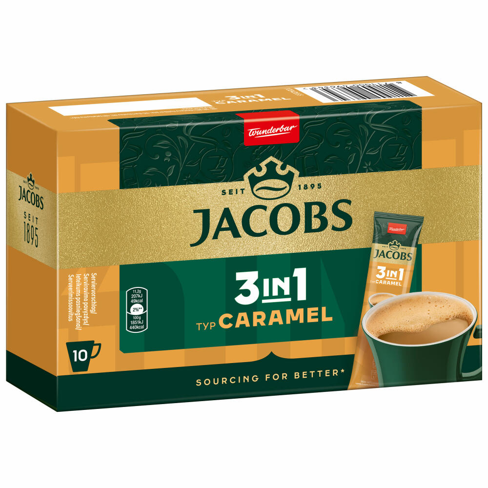 Jacobs 3in1 löslicher Kaffee, Typ Caramel, Karamell Kaffeegetränk, Instantkaffee, 10 Becherportionen