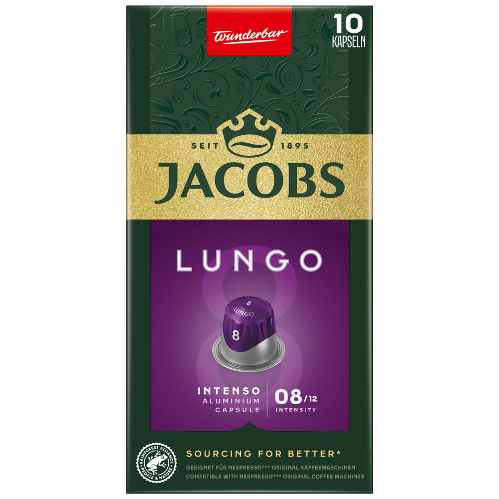 Jacobs Lungo 8 Intenso, coffee capsules, Nespresso compatible, coffee, 10 capsules, 5.2 g each