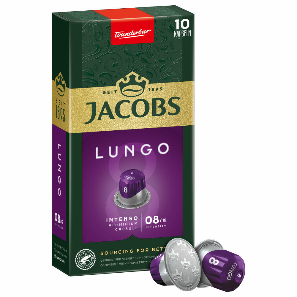Jacobs Lungo 8 Intenso, coffee capsules, Nespresso compatible, coffee, 10 capsules, 5.2 g each