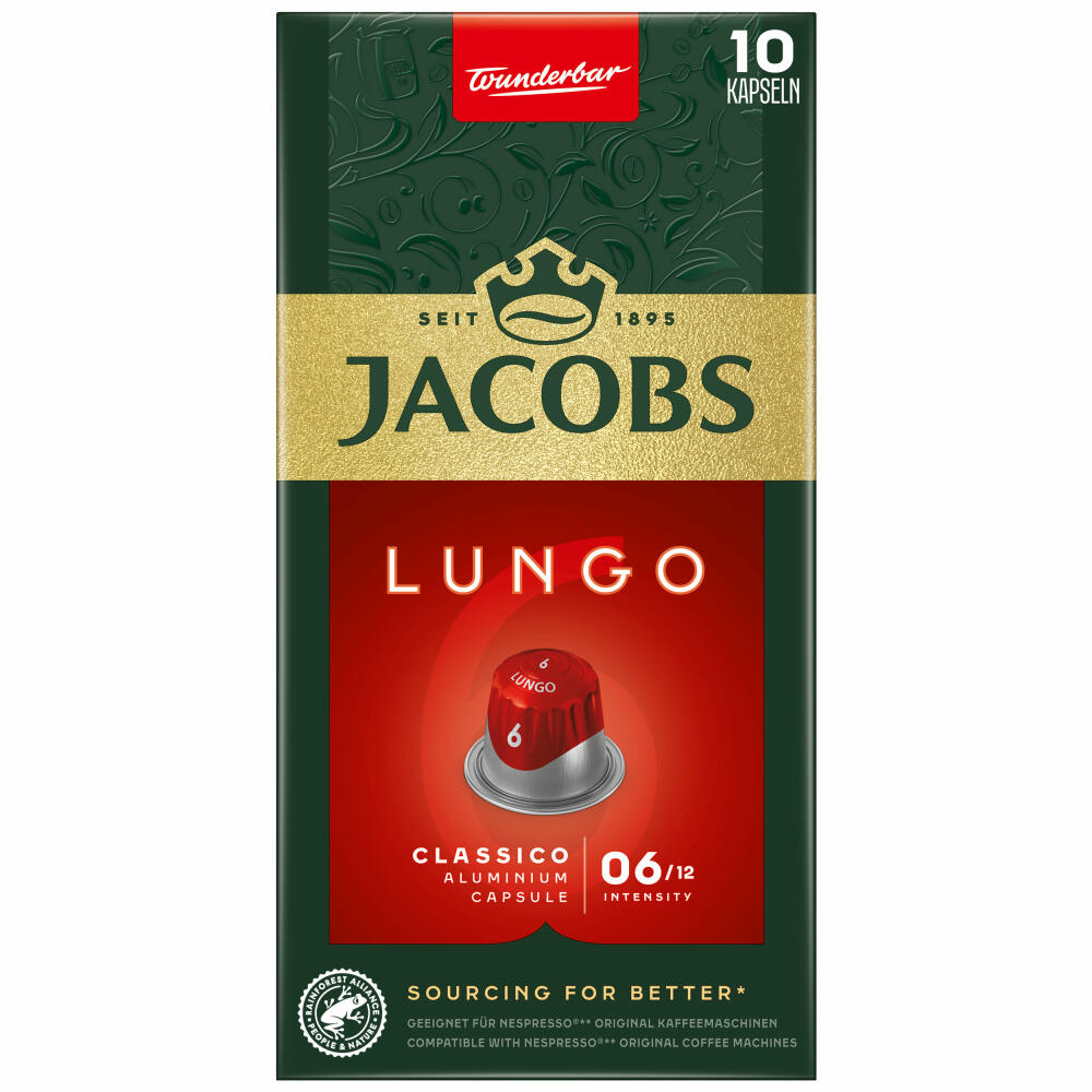 Jacobs Lungo 6 Classico, coffee capsules, Nespresso compatible, coffee, 10 capsules, á 5.2 g