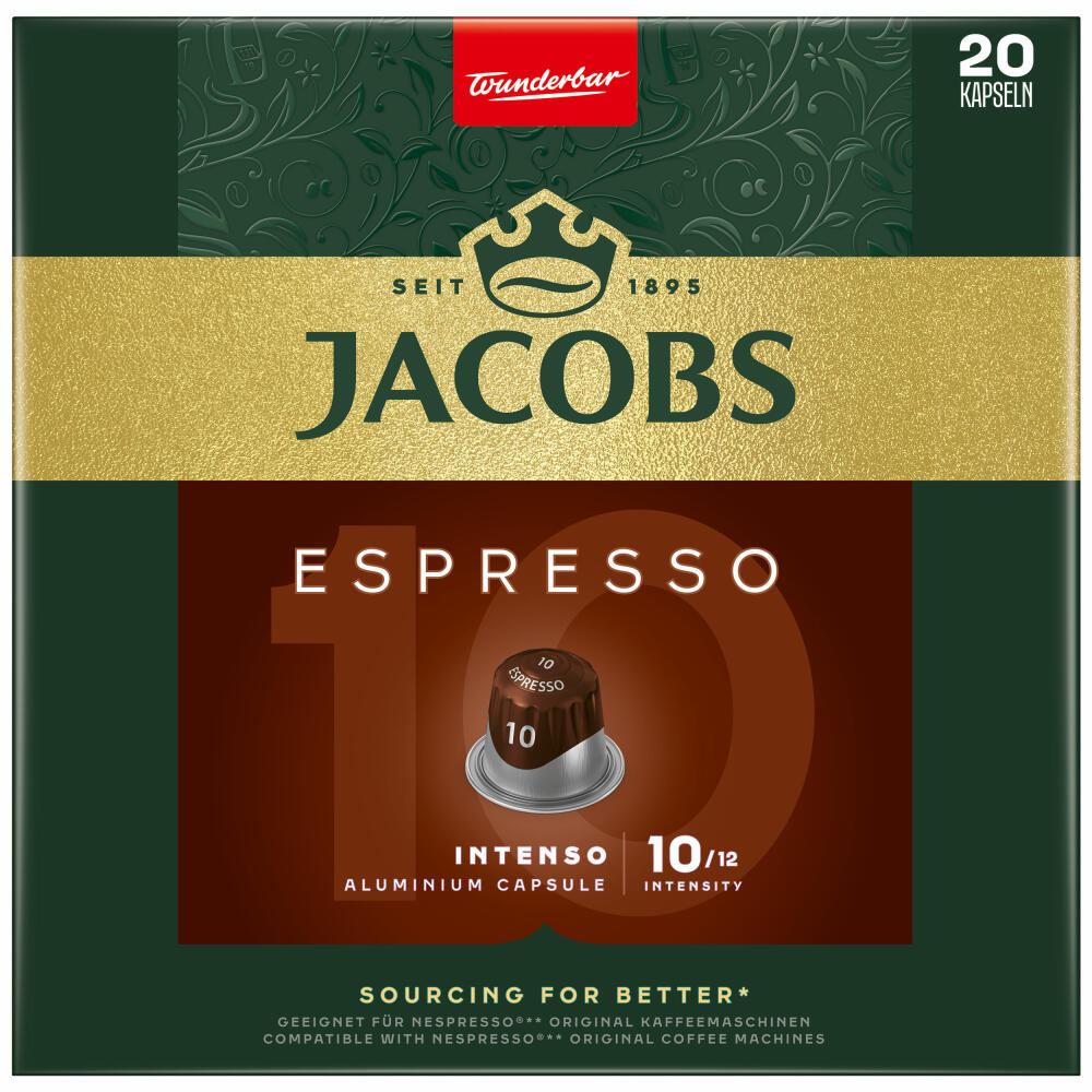 Jacobs Espresso 10 Intenso, Coffee Capsules, Nespresso Compatible, Coffee, 20 Capsules, 5.2 g each