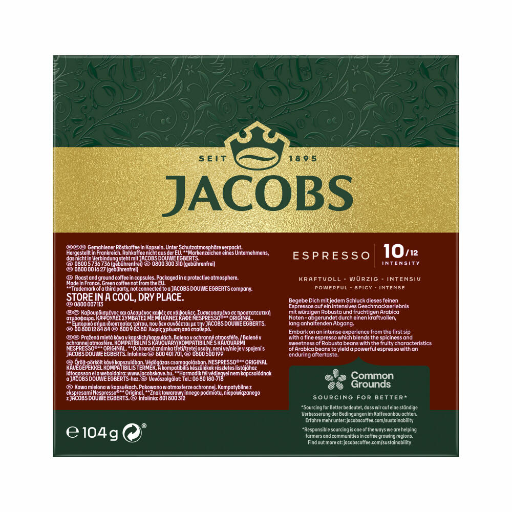 Jacobs Espresso 10 Intenso, Coffee Capsules, Nespresso Compatible, Coffee, 20 Capsules, 5.2 g each