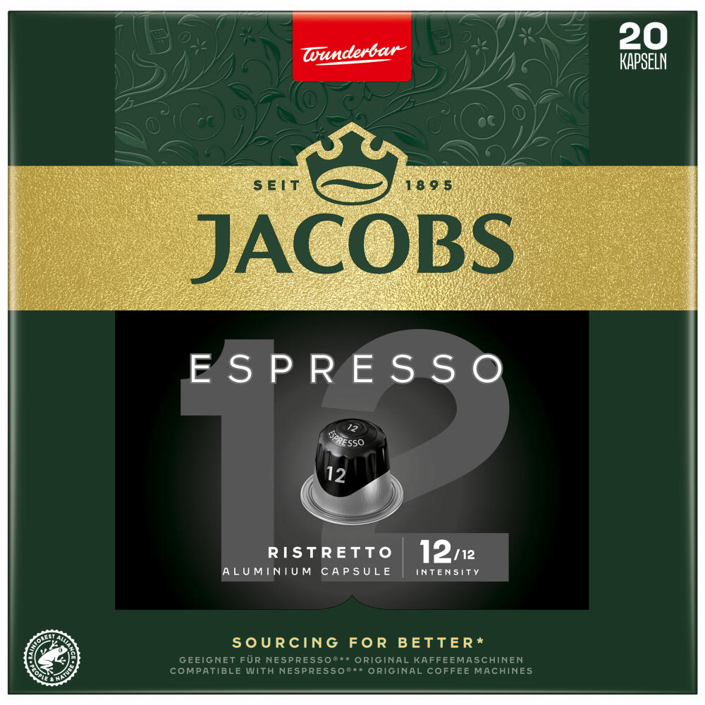 Jacobs Espresso 12 Ristretto, Coffee Capsules, Nespresso Compatible, Coffee, 20 Capsules, 5.2 g each