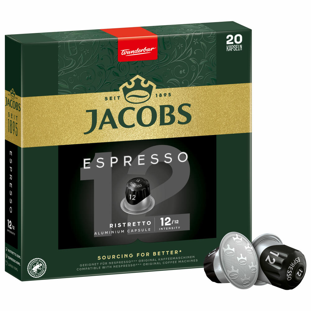 Jacobs Espresso 12 Ristretto, Coffee Capsules, Nespresso Compatible, Coffee, 20 Capsules, 5.2 g each