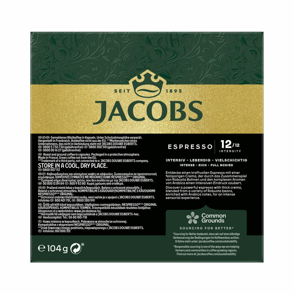 Jacobs Espresso 12 Ristretto, Coffee Capsules, Nespresso Compatible, Coffee, 20 Capsules, 5.2 g each
