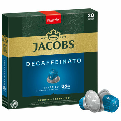 Jacobs Decaffeinato 6 Lungo, coffee capsules, decaffeinated, Nespresso compatible, coffee, 20 capsules of 5.2 g each