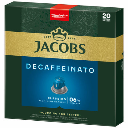 Jacobs Decaffeinato 6 Lungo, coffee capsules, decaffeinated, Nespresso compatible, coffee, 20 capsules of 5.2 g each