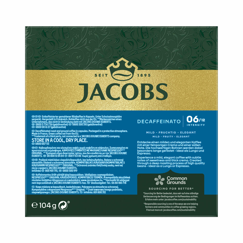 Jacobs Decaffeinato 6 Lungo, coffee capsules, decaffeinated, Nespresso compatible, coffee, 20 capsules of 5.2 g each