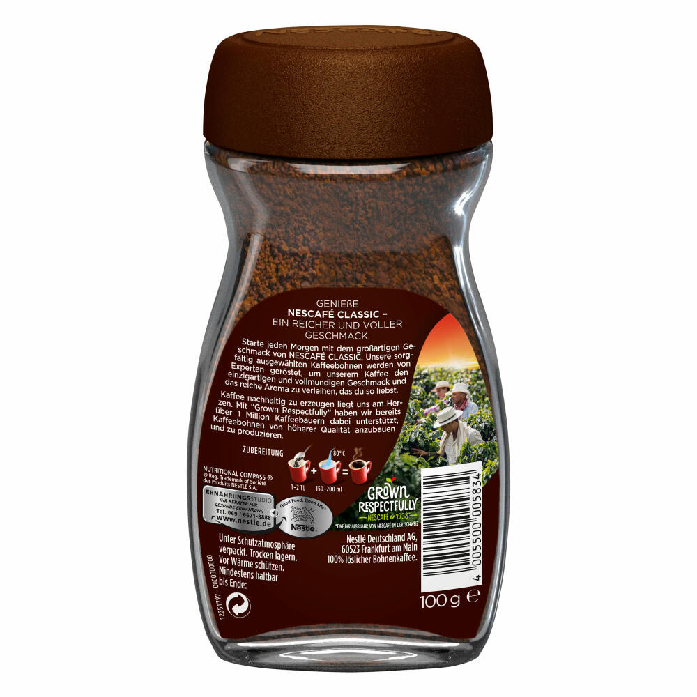Nescafé Classic 100% instant coffee beans, 100g glass (for approx. 40 cups)