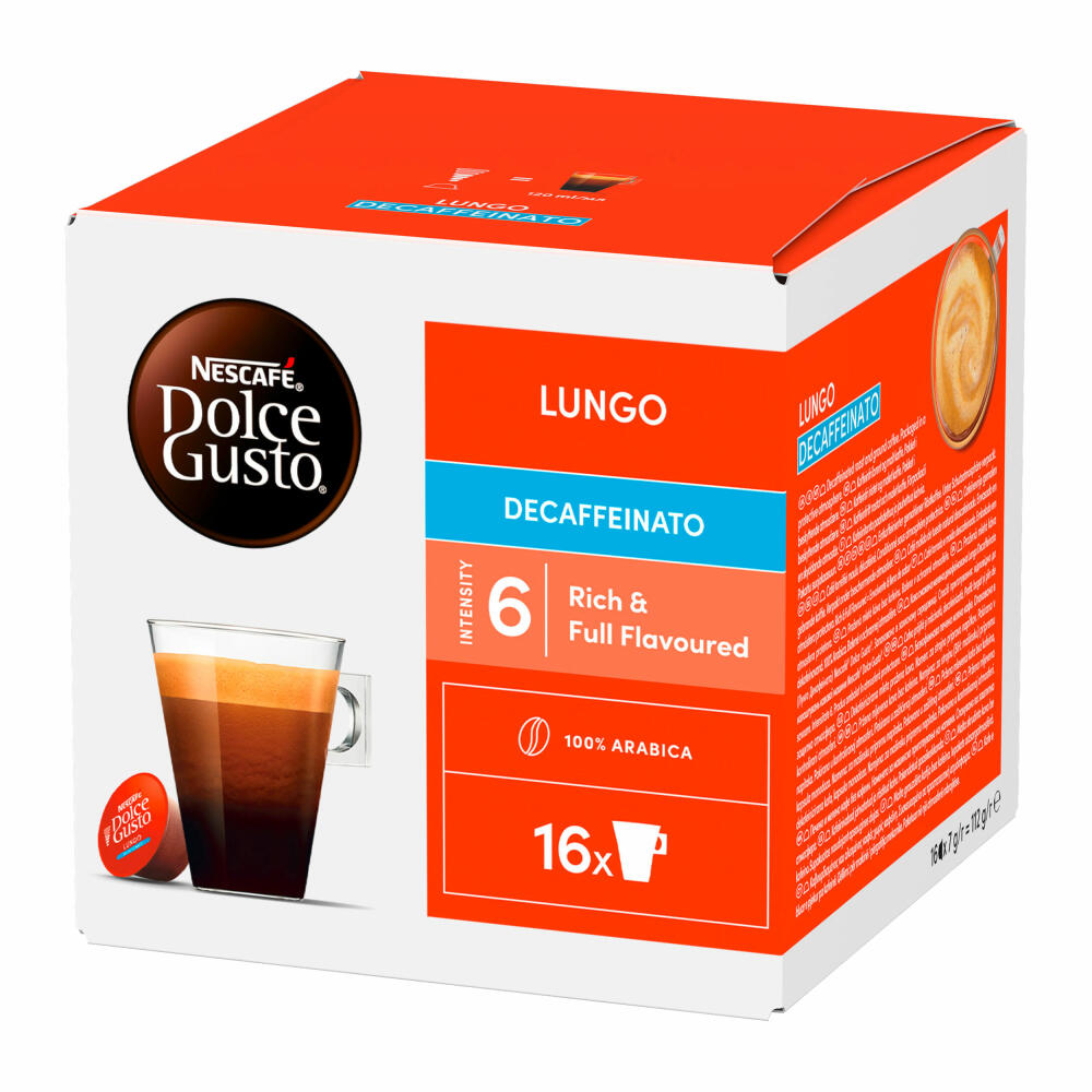 Nescafé Dolce Gusto Caffè Lungo Decaffeinato, Entkoffeiniert, Kaffee, Kaffeekapsel, 16 Kapseln