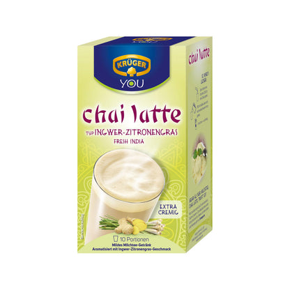 Krüger Chai Latte Fresh India, Ingwer-Zitronengras, mildes Milchtee Getränk, 10 Portionsbeutel