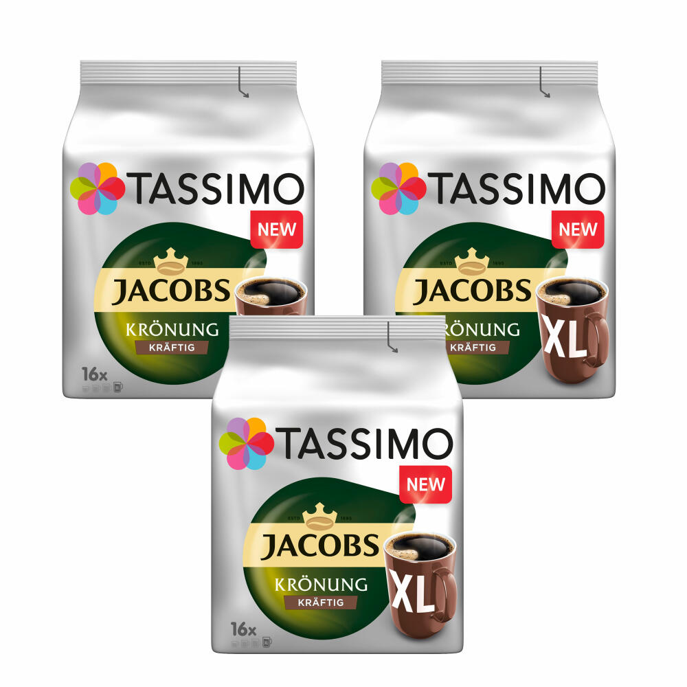 Tassimo Jacobs Krönung XL Kräftig 3er Set, Kaffee, Kaffeekapsel, gemahlener Röstkaffee, 3 x 16 T-Discs