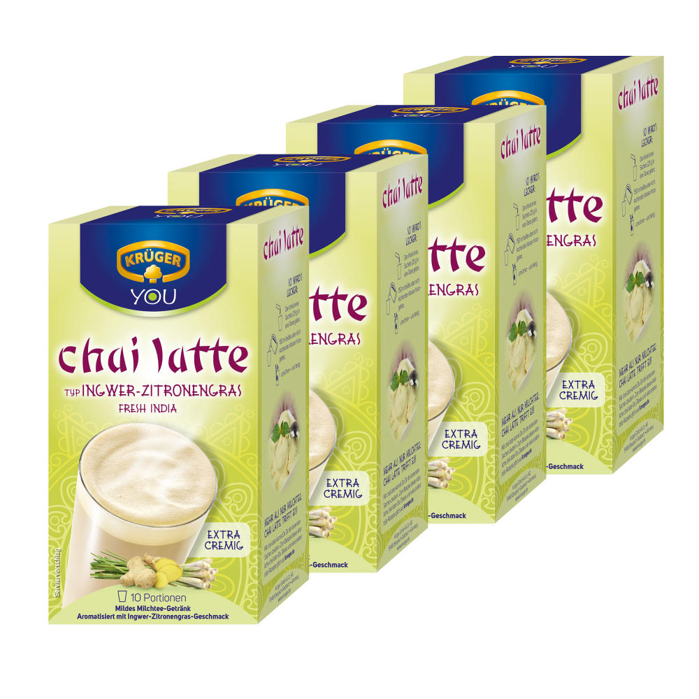 Krüger Chai Latte Fresh India, Ingwer-Zitronengras, mildes Milchtee Getränk, 4er Pack, 4 x 10 Portionsbeutel
