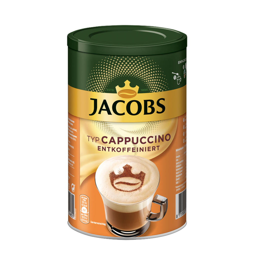 Jacobs Krönung Typ Cappuccino Dose entkoffeiniert, Feine Cremigkeit, Instant Kaffee, mild, 220g, 346599