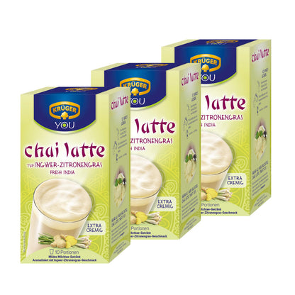 Krüger Chai Latte Fresh India, Ingwer-Zitronengras, mildes Milchtee Getränk, 3er Pack, 3 x 10 Portionsbeutel