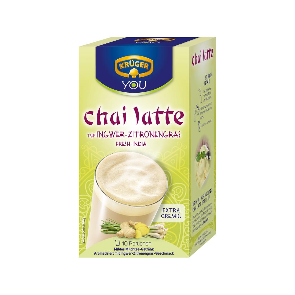 Krüger Chai Latte Fresh India, Ingwer-Zitronengras, mildes Milchtee Getränk, 4er Pack, 4 x 10 Portionsbeutel