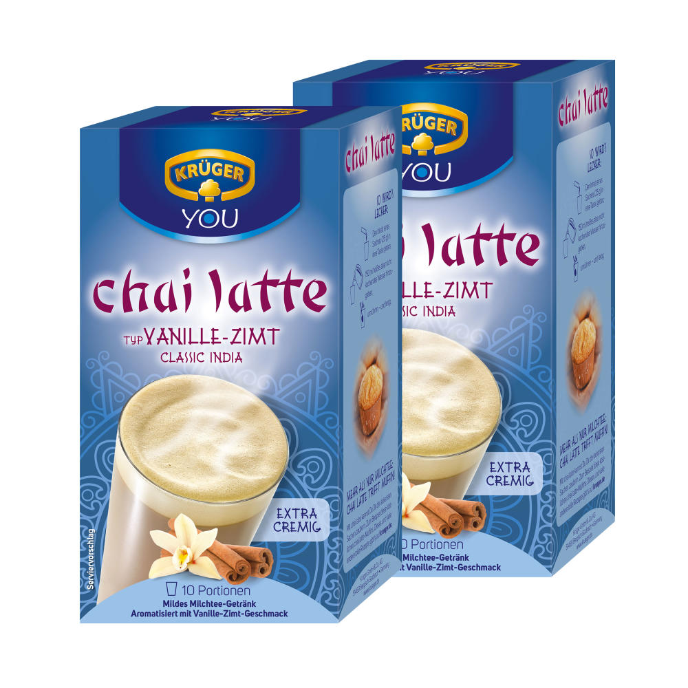 Krüger Chai Latte Classic India, Vanille-Zimt, mildes Milchtee Getränk, 2er Pack, 2 x 10 Portionsbeutel