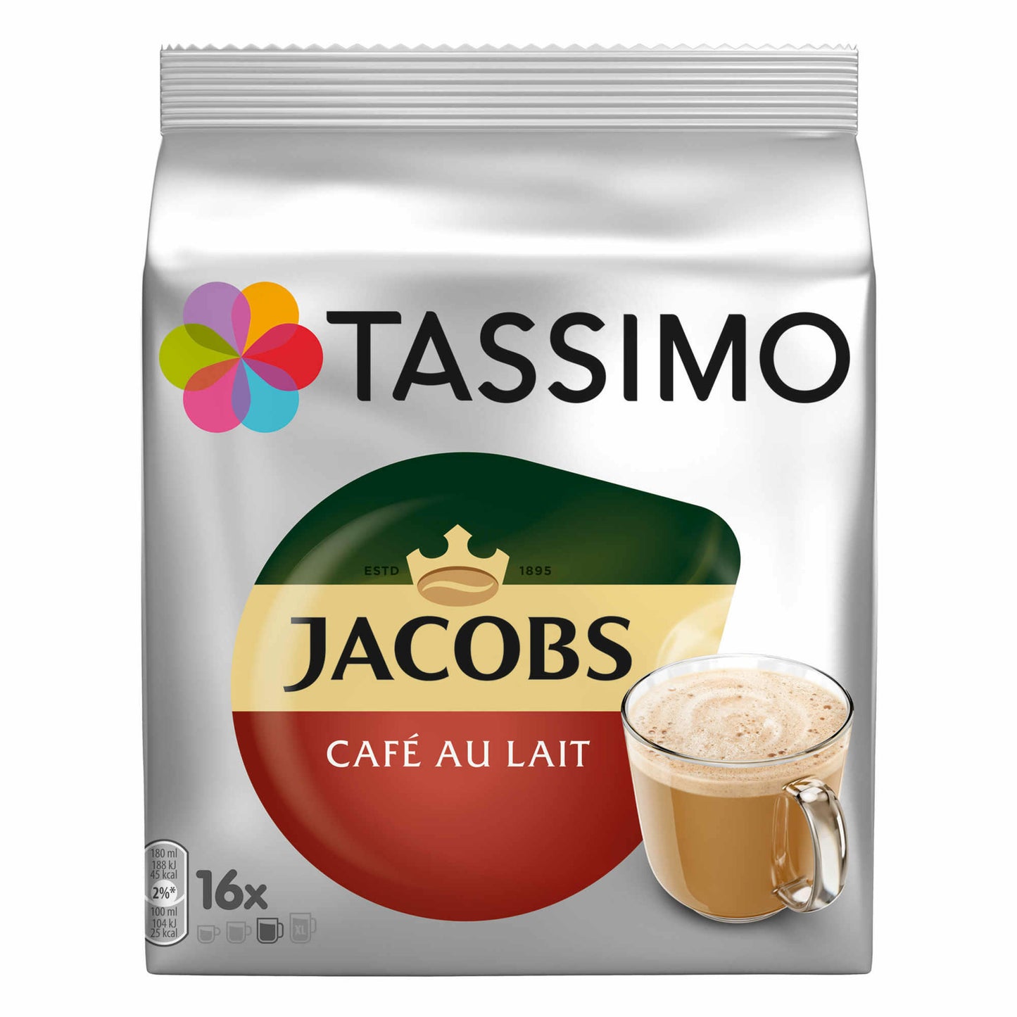 Tassimo Jacobs Café au Lait, Kaffee, Kaffeekapsel, Milchkaffee aus gemahlenem Röstkaffee, 16 T-Discs / Portionen